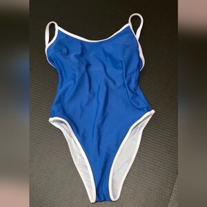 Blue One-Piece Swimsuit with White Trim